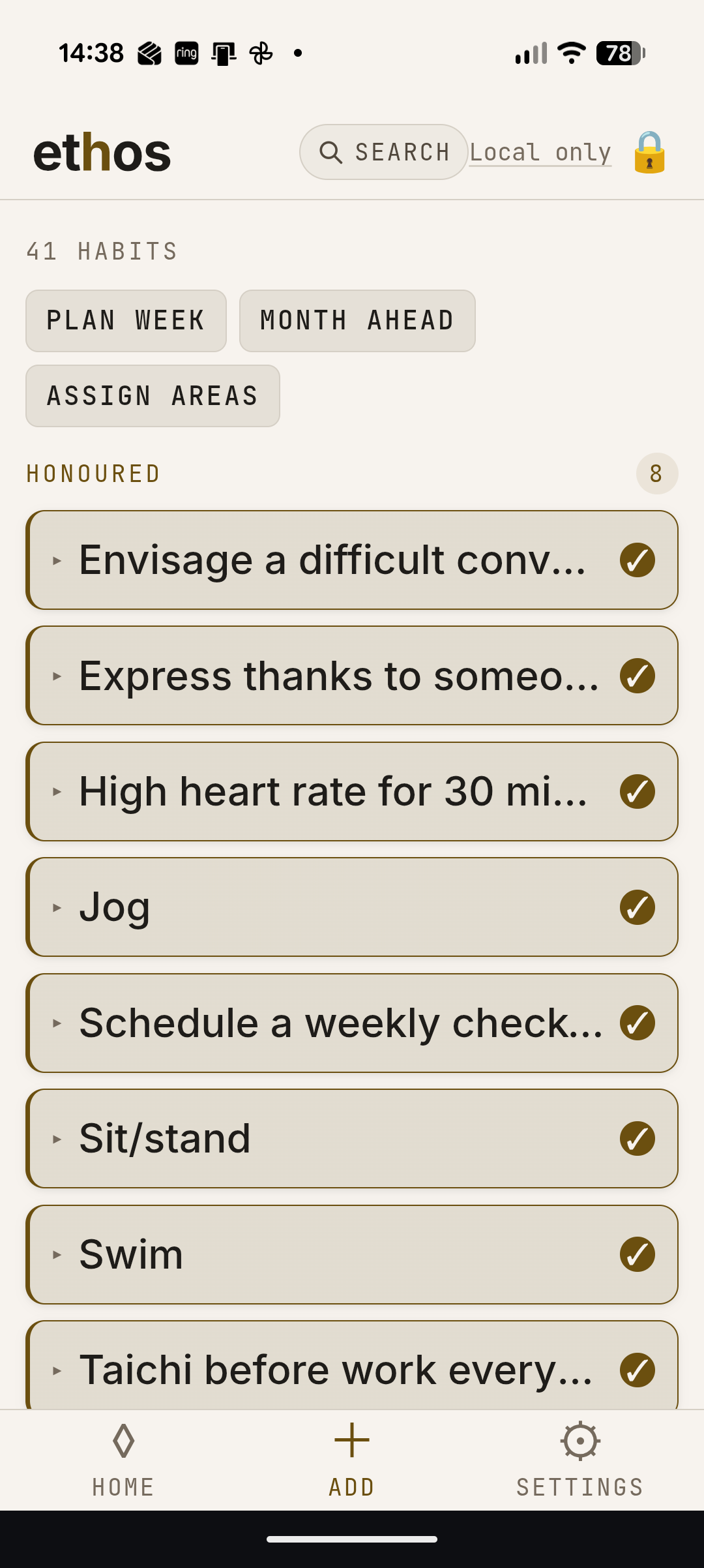 A habit card in Ethos